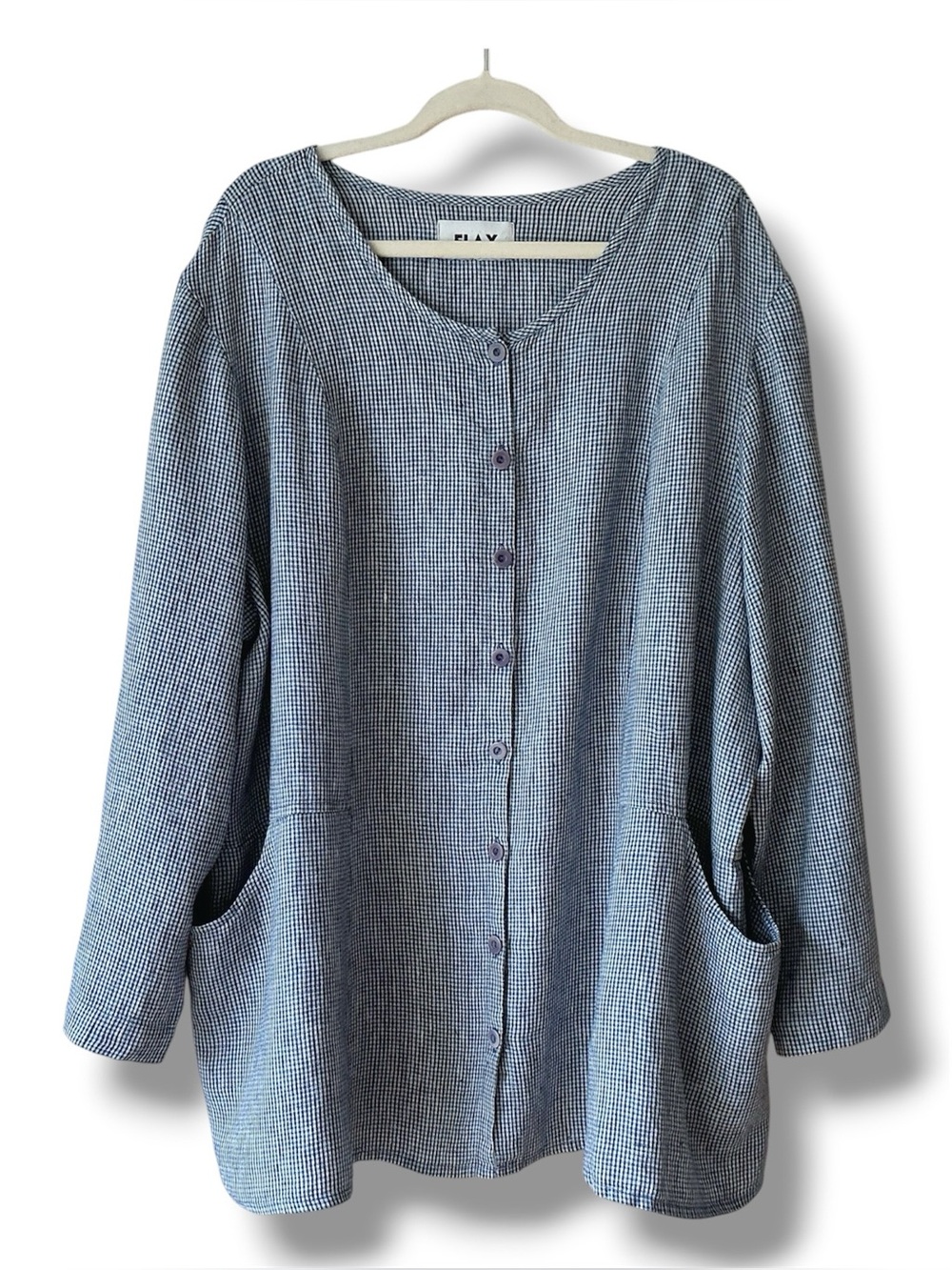 Flax Lagenlook Linen Check Button Front Tunic Top in Navy & White Size 3X